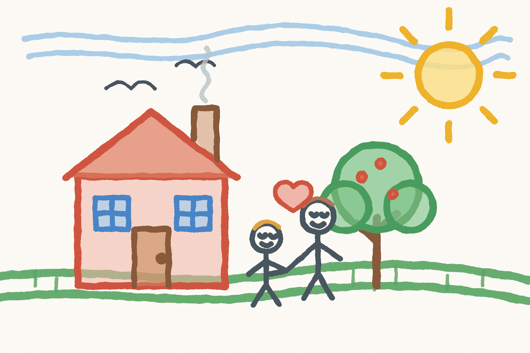 A child's drawing of a house and two people